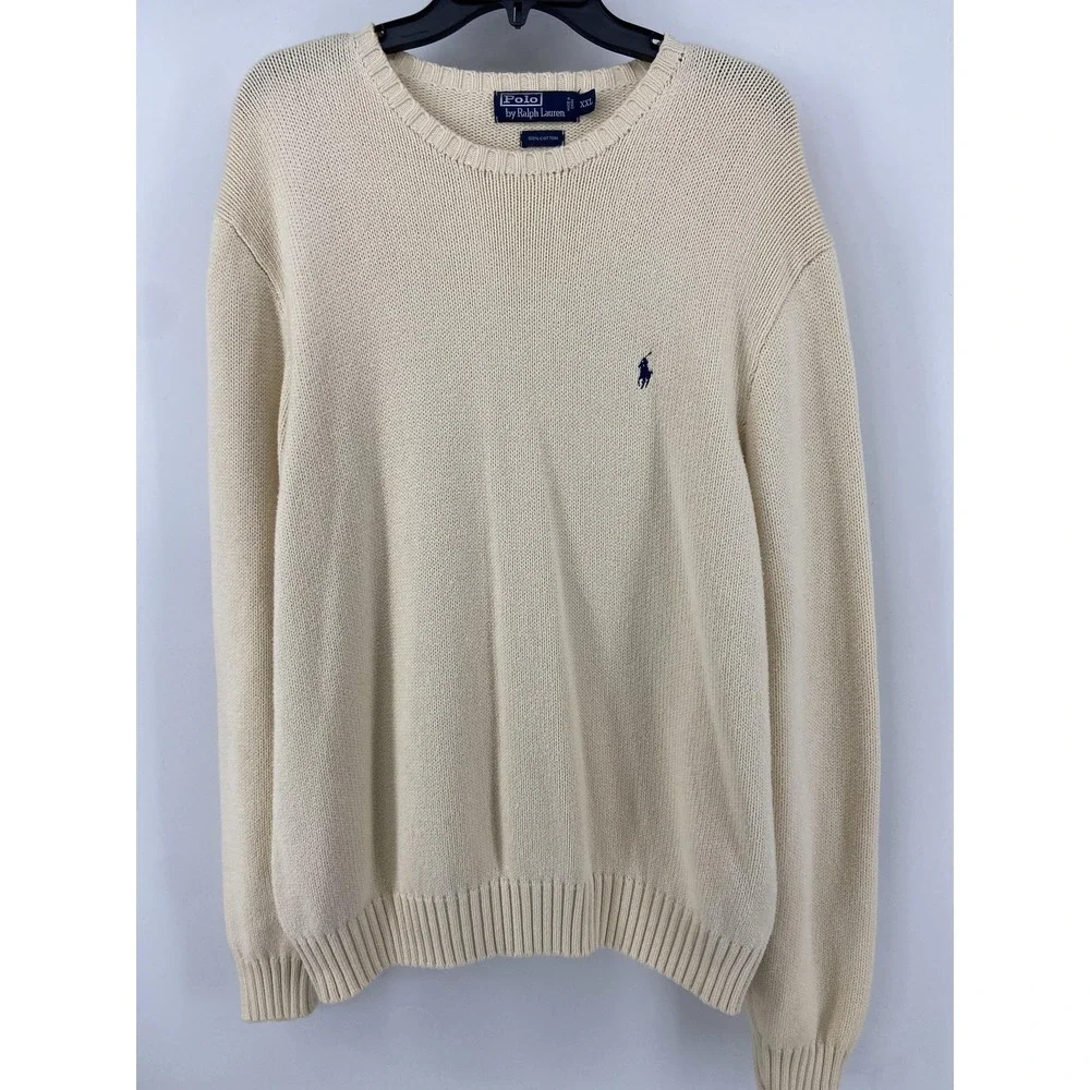 Polo Ralph‎ Lauren Sweater Mens 2XL Cream Cotton Crewneck Pullover Classic Logo